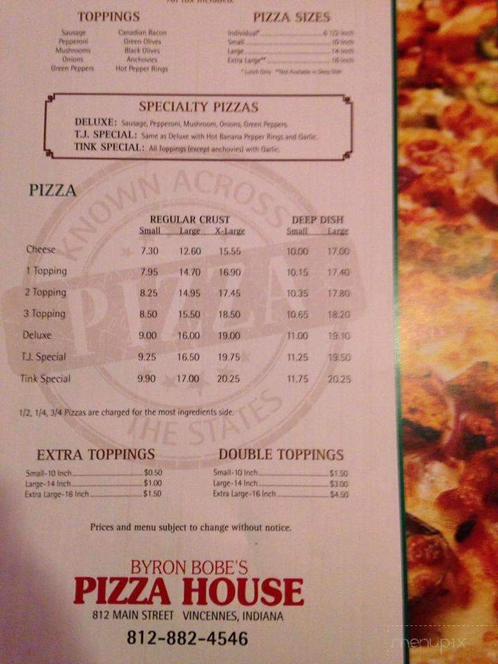 Byron Bobe's Pizza House - Vincennes, IN menu_pic
