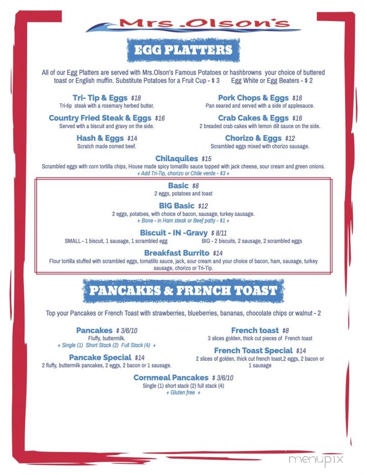 Mrs Olson's Coffee Hut - Oxnard, CA menu_pic