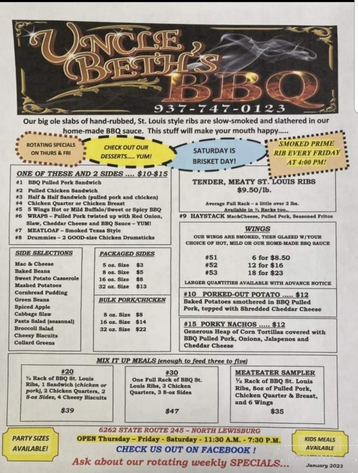 Uncle Beth's BBQ - North Lewisburg, OH menu_pic
