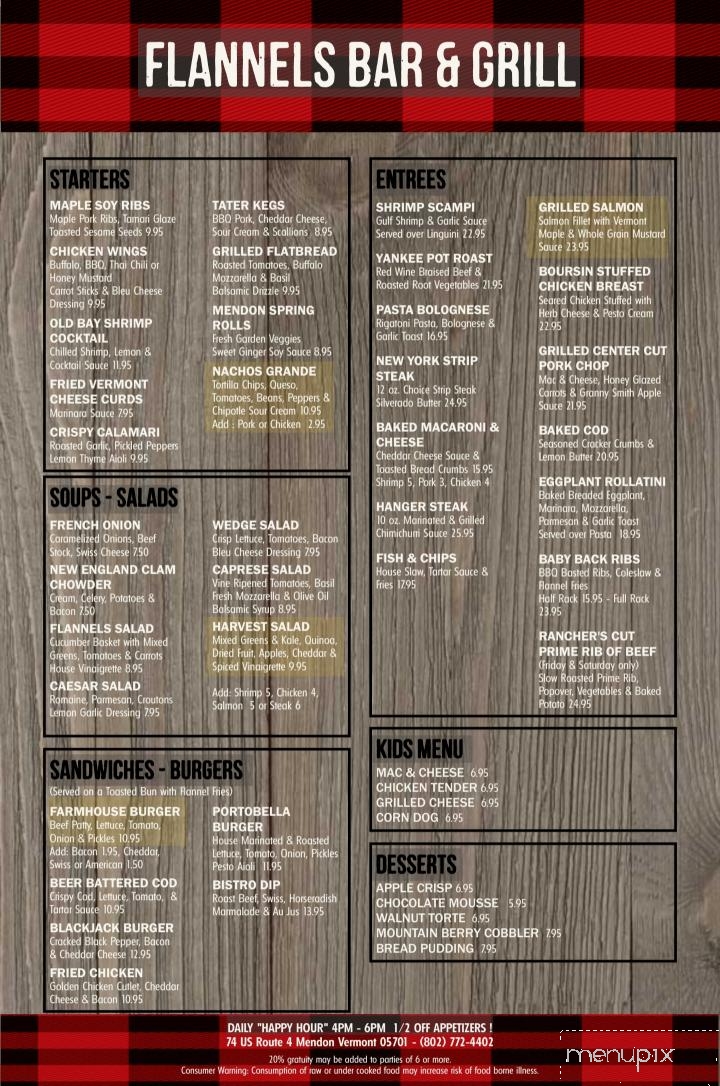 Flannels Bar & Grill - Mendon, VT menu_pic