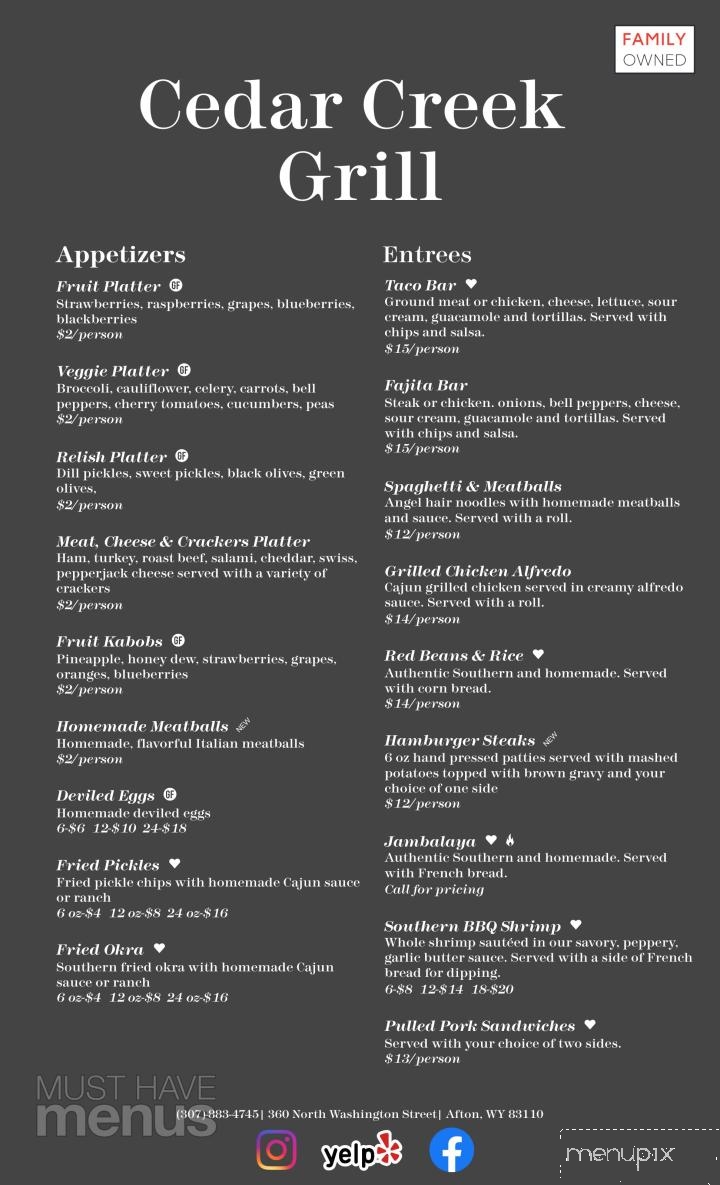 Cedar Creek Grill - Afton, WY menu_pic