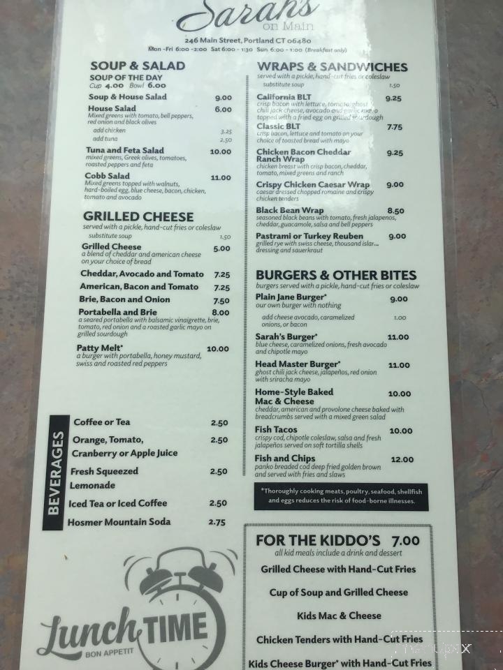 Sarah's on Main - Portland, CT menu_pic
