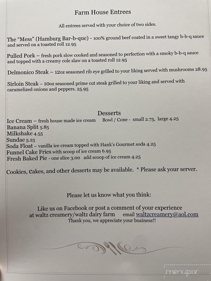Waltz Creamery and Farm House Cafe - Salladasburg, PA menu_pic