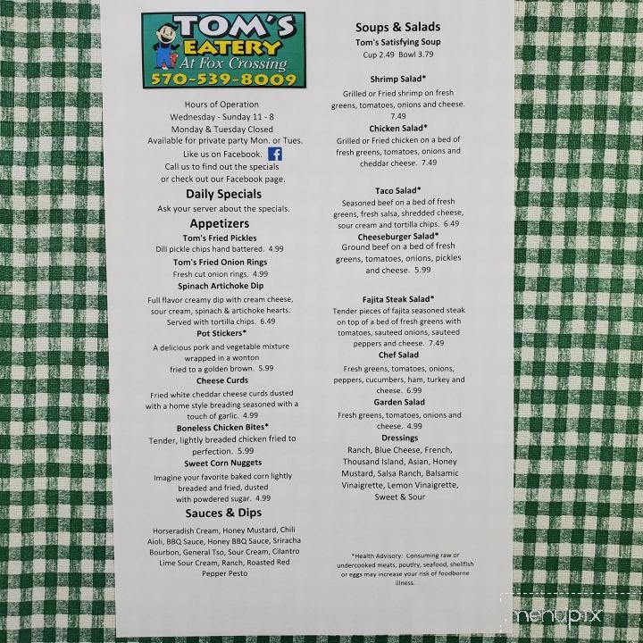 Tom's Eatery at Fox Crossing - Mount Pleasant Mills, PA menu_pic