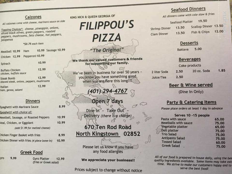 Menu of Filippou&#39;s Pizza in North Kingstown, RI 02852