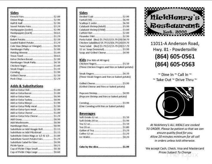 Menu Of Nick Henry S Restaurant In Piedmont Sc