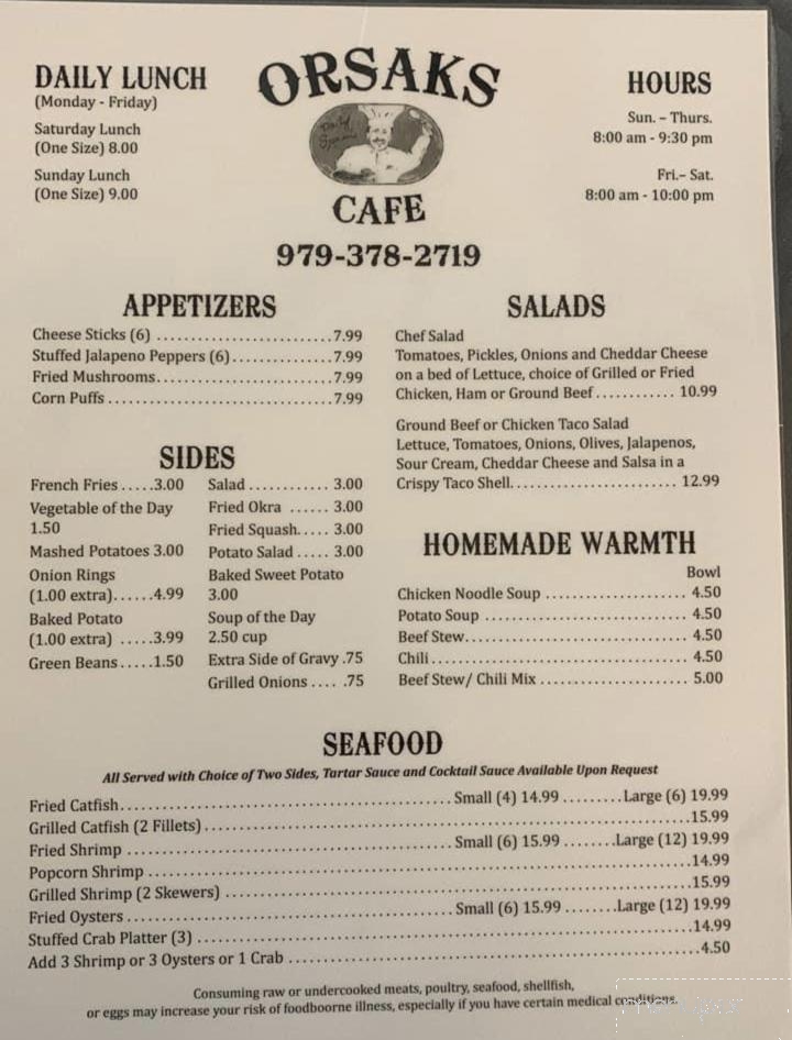 Orsak's Cafe - Fayetteville, TX menu_pic