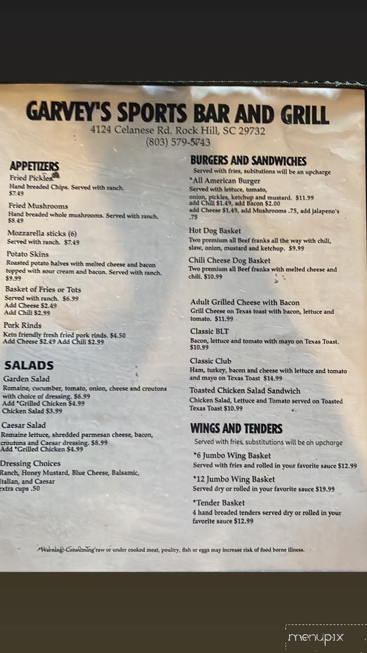 Garvey's Bar and Grill - Rock Hill, SC menu_pic