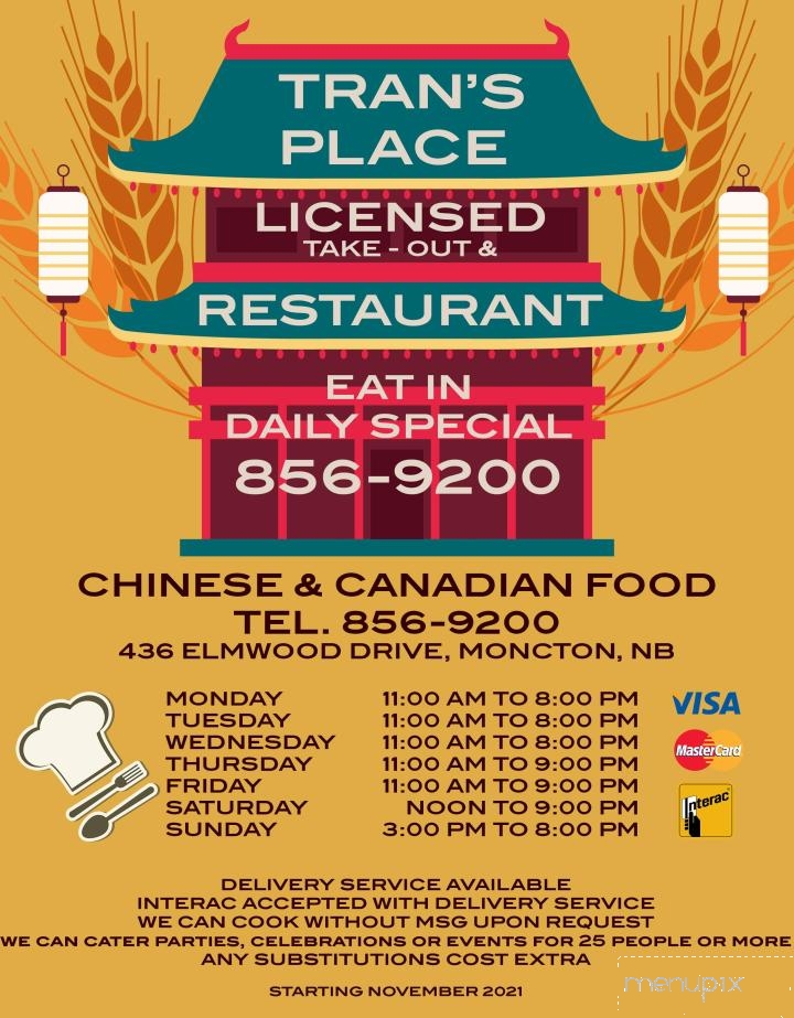 Tran's Place Restaurant - Moncton, NB menu_pic