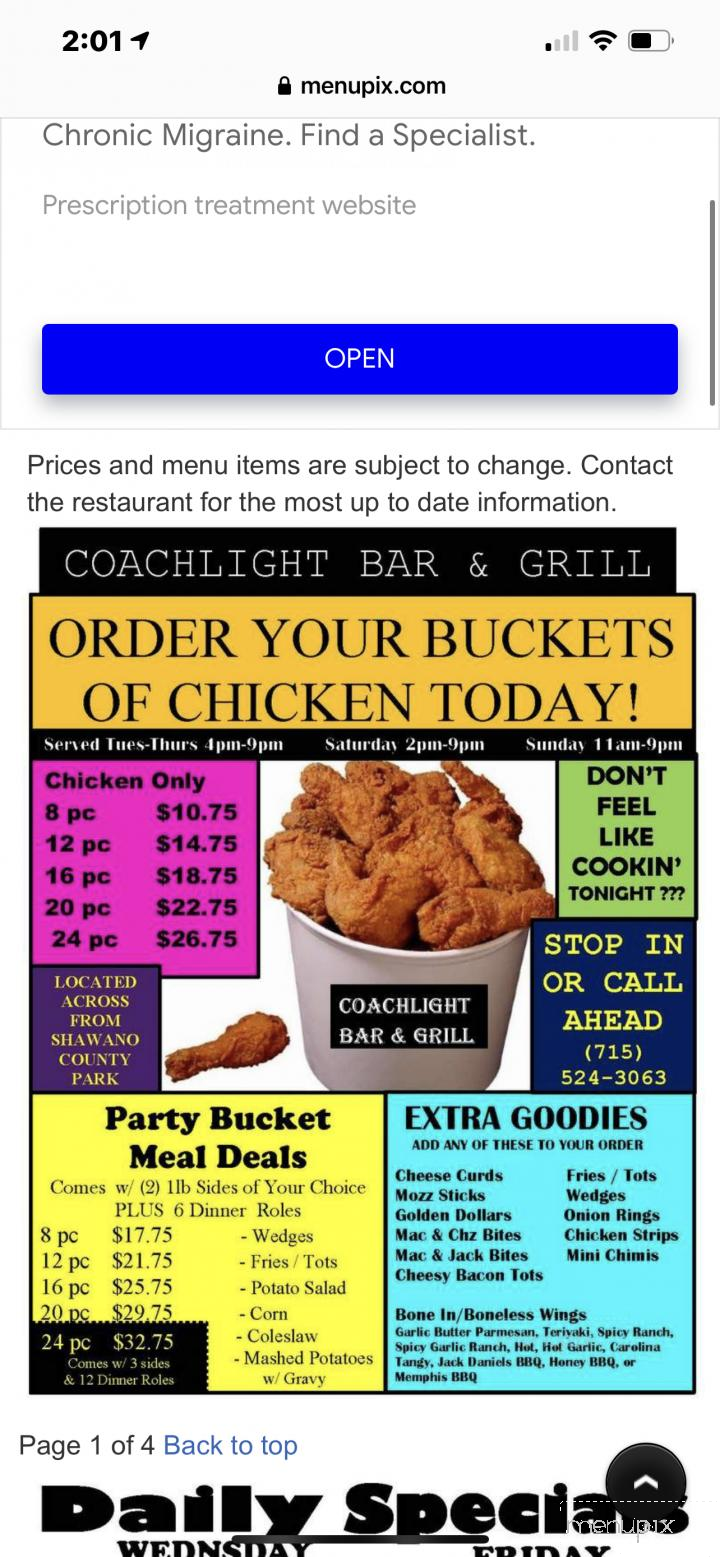 Coachlight Bar & Grill - Shawano, WI menu_pic