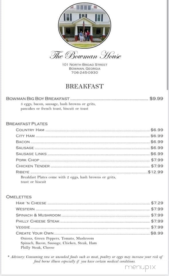 The Bowman House Southern Kitchen - Bowman, GA menu_pic