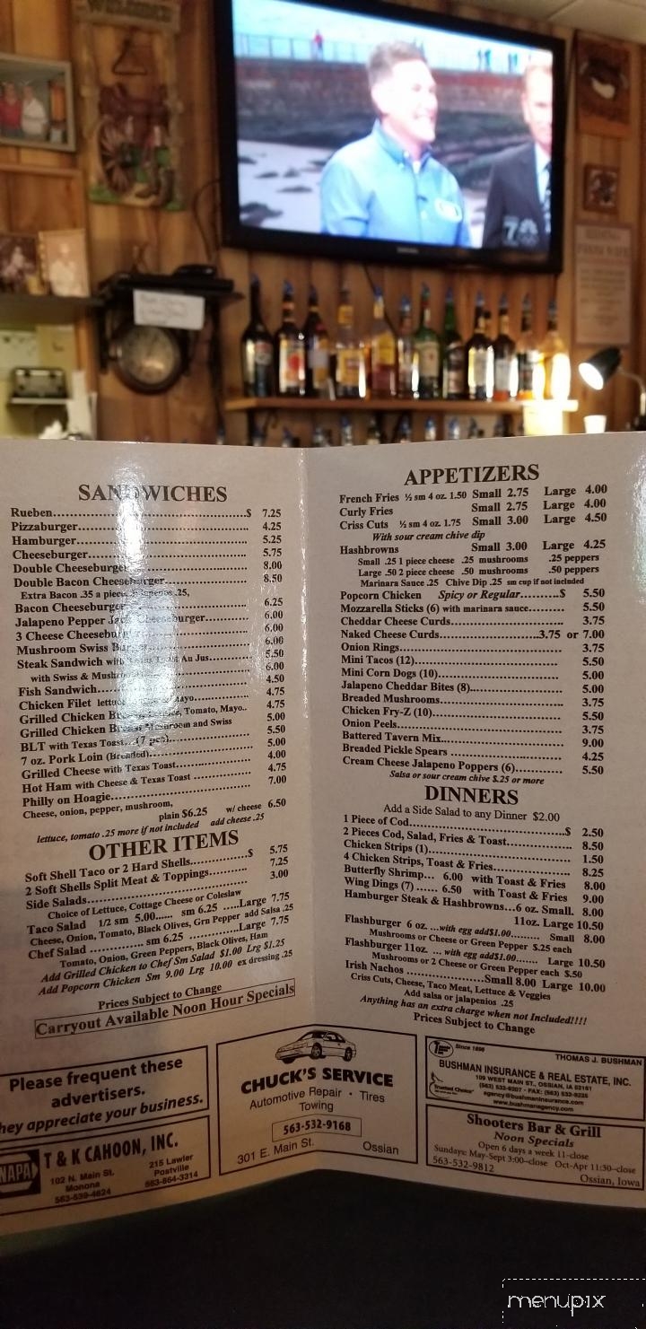 Shooters Bar & Grill - Ossian, IA menu_pic