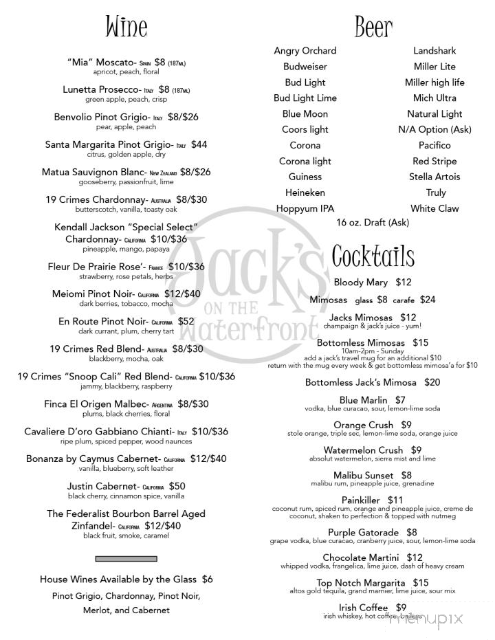 Online Menu of Jack's Waterfront Bar, Morehead City, NC