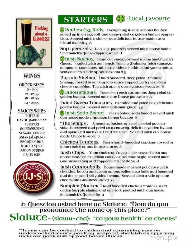 Slainte Irish Pub Monkey Junction - Wilmington, NC menu_pic