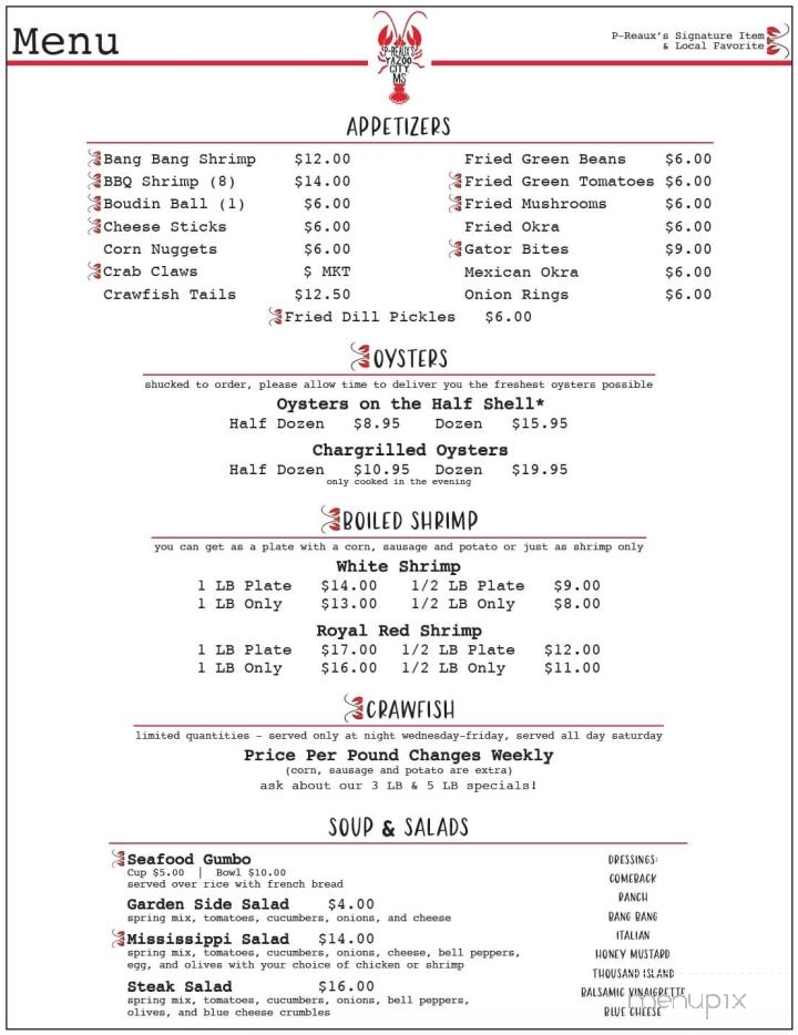 P-Reaux Cajun Mudbugs & Shrimp - Yazoo City, MS menu_pic