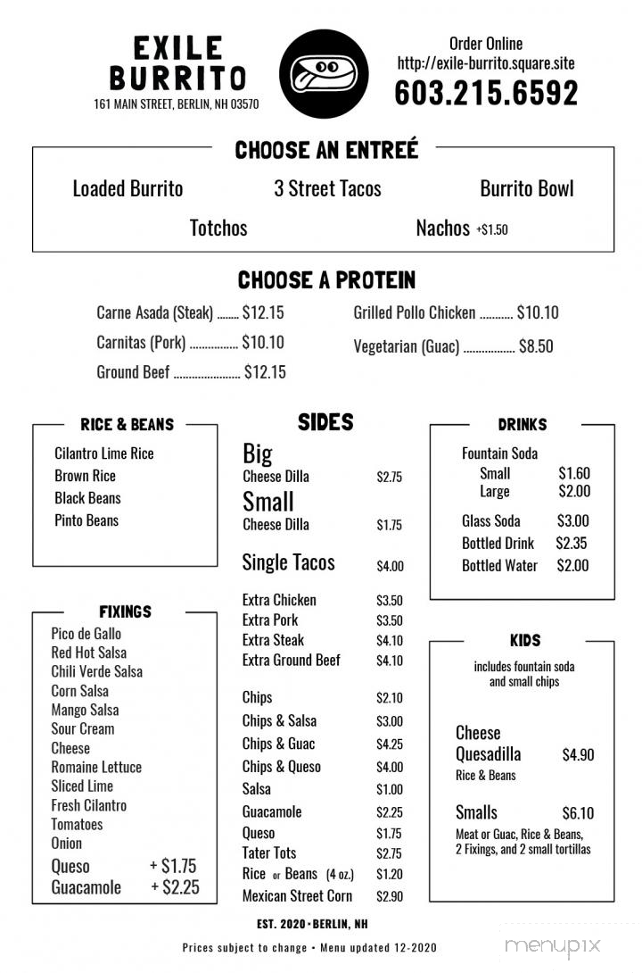 Exile Burrito - Berlin, NH menu_pic