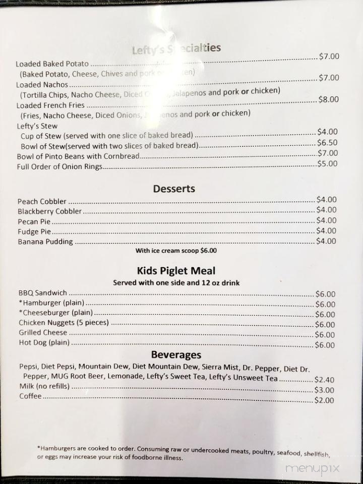 Lefty's Bar-B-Q - Crossville, TN menu_pic