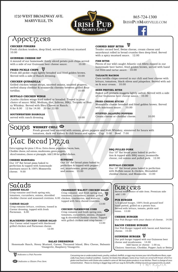 Irish Pub and Sports Grill - Maryville, TN menu_pic