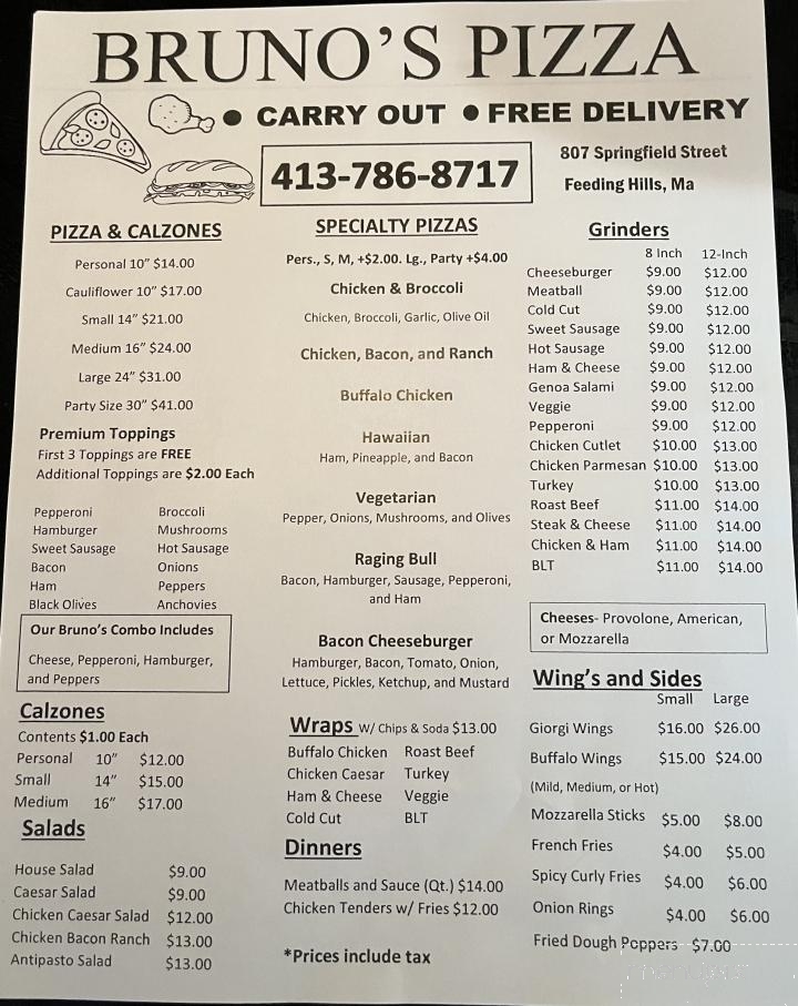 Bruno Pizzeria - Feeding Hills, MA menu_pic
