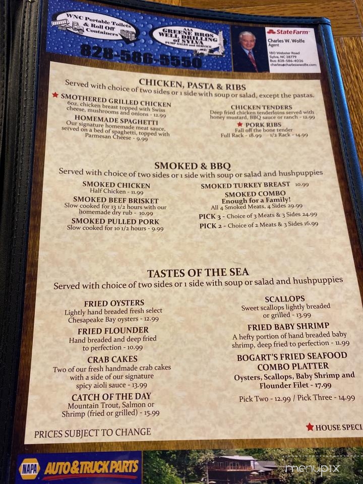 Bogart's Restaurant - Sylva, NC menu_pic