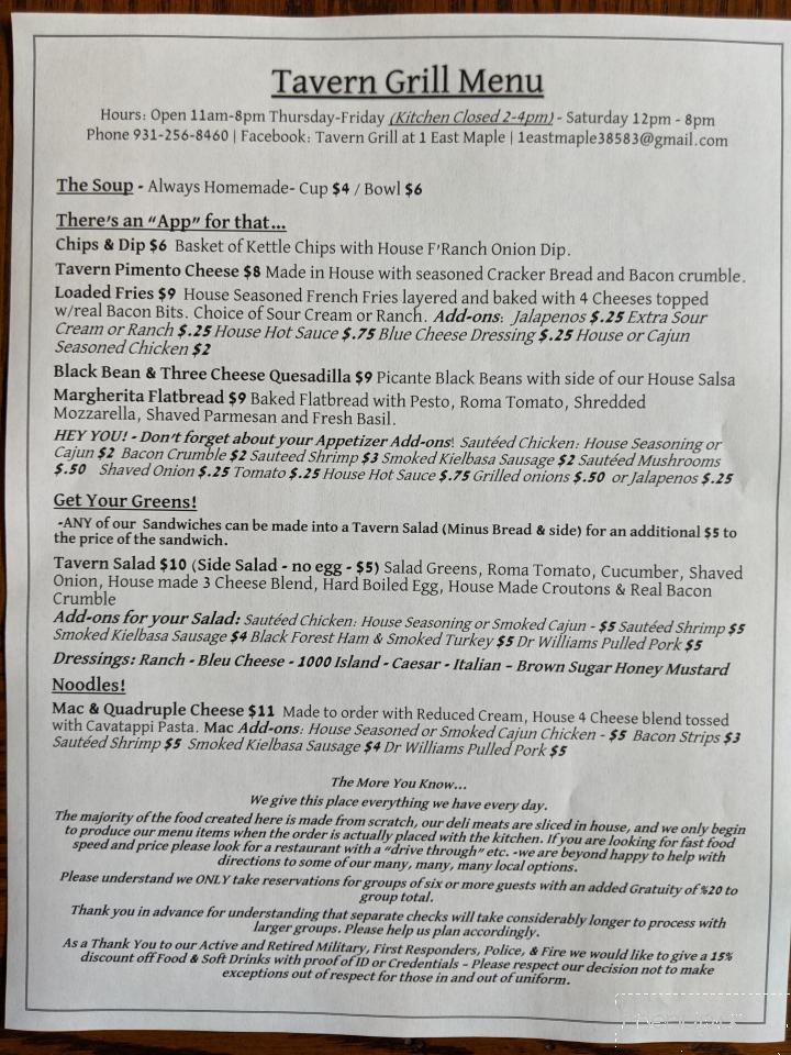 Tavern Grill at 1 East Maple - Sparta, TN menu_pic