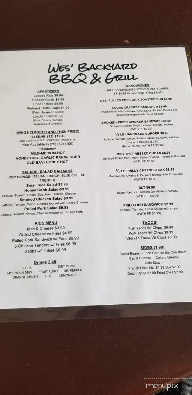 Wes' Backyard BBQ and Grill - Vero Beach, FL menu_pic