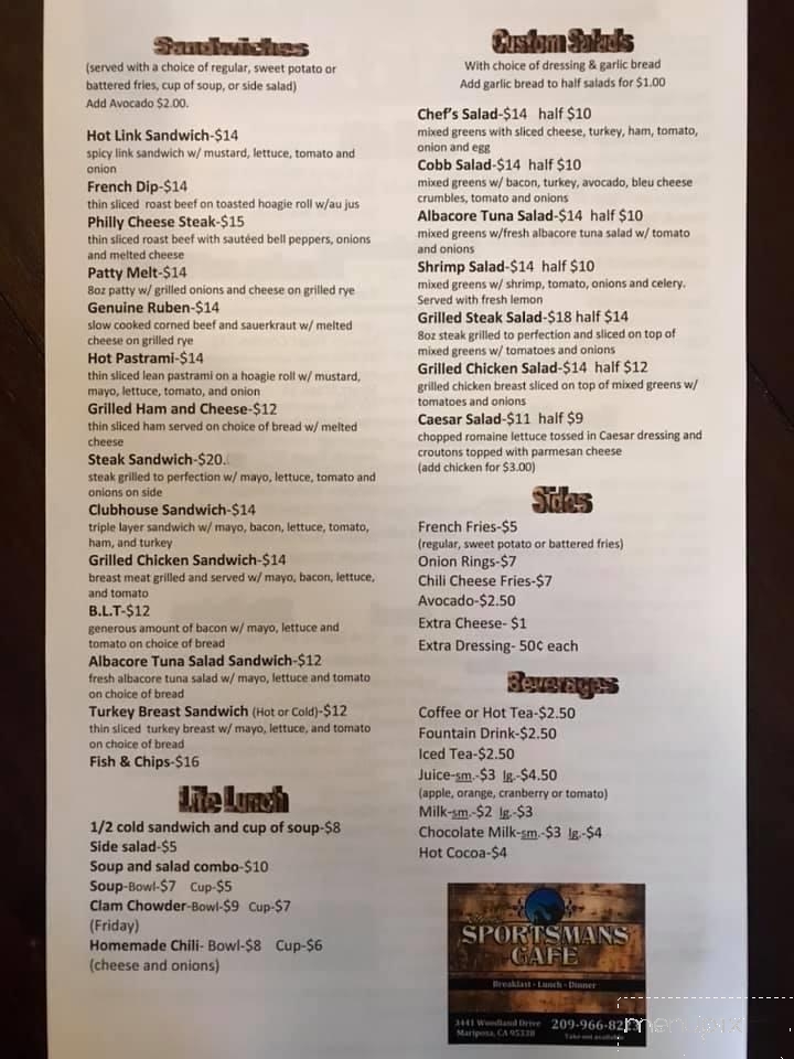Steve's Sportsmans Cafe - Mariposa, CA menu_pic