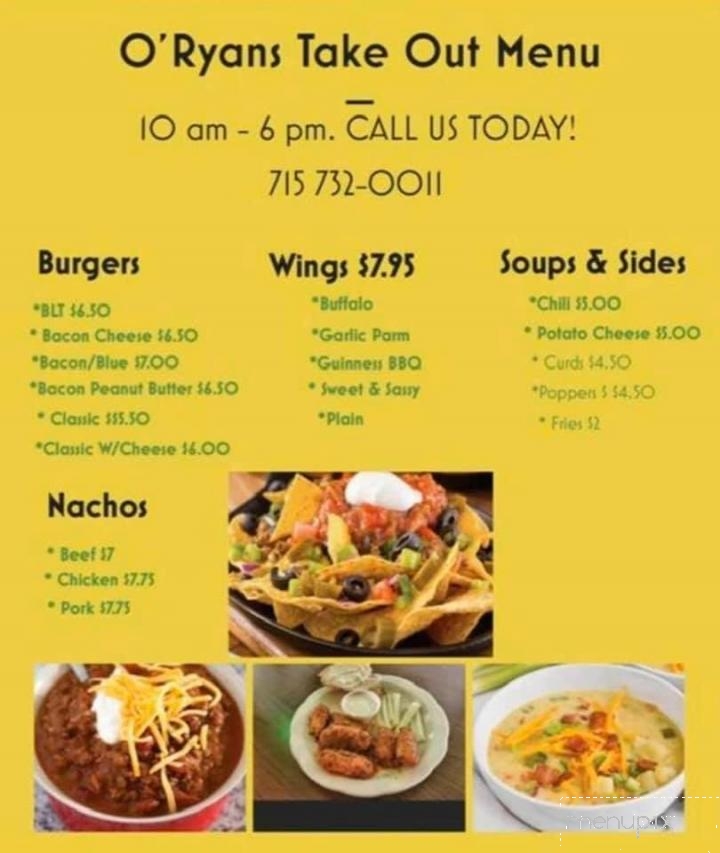 O'Ryan's Pub & Grub - Marinette, WI menu_pic