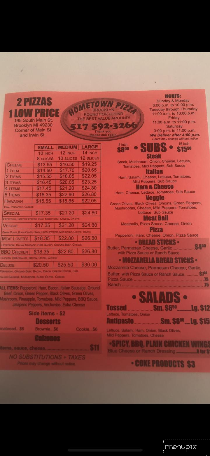 Hometown pizza menu deals