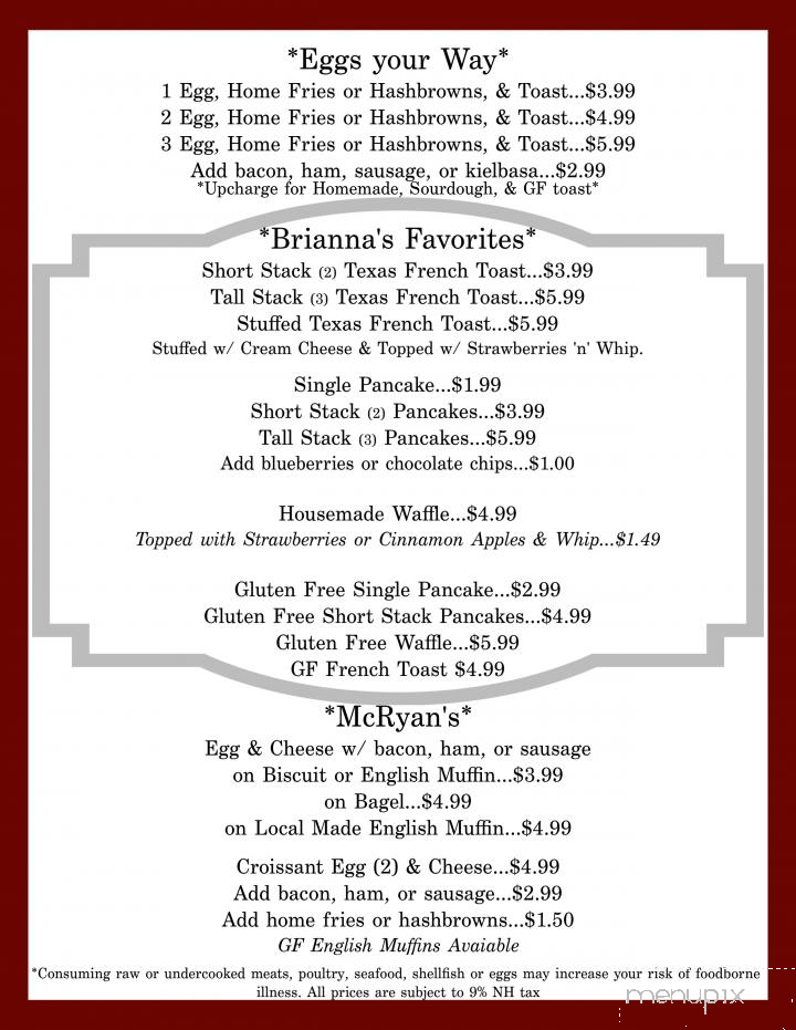 Cindy's Place - Wakefield, NH menu_pic