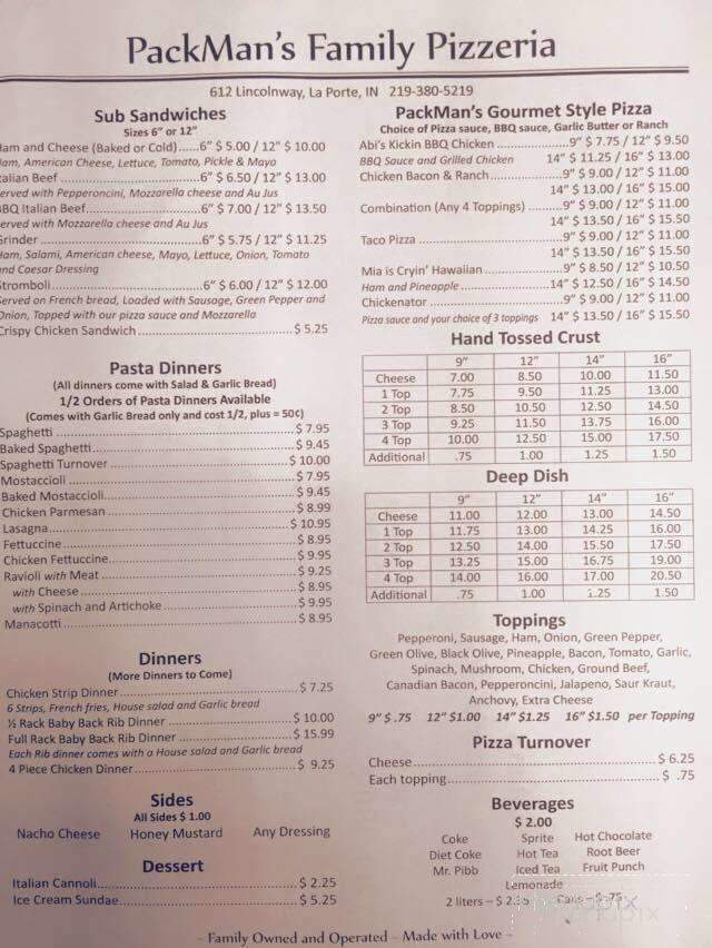Packman's Family Pizzeria - La Porte, IN menu_pic