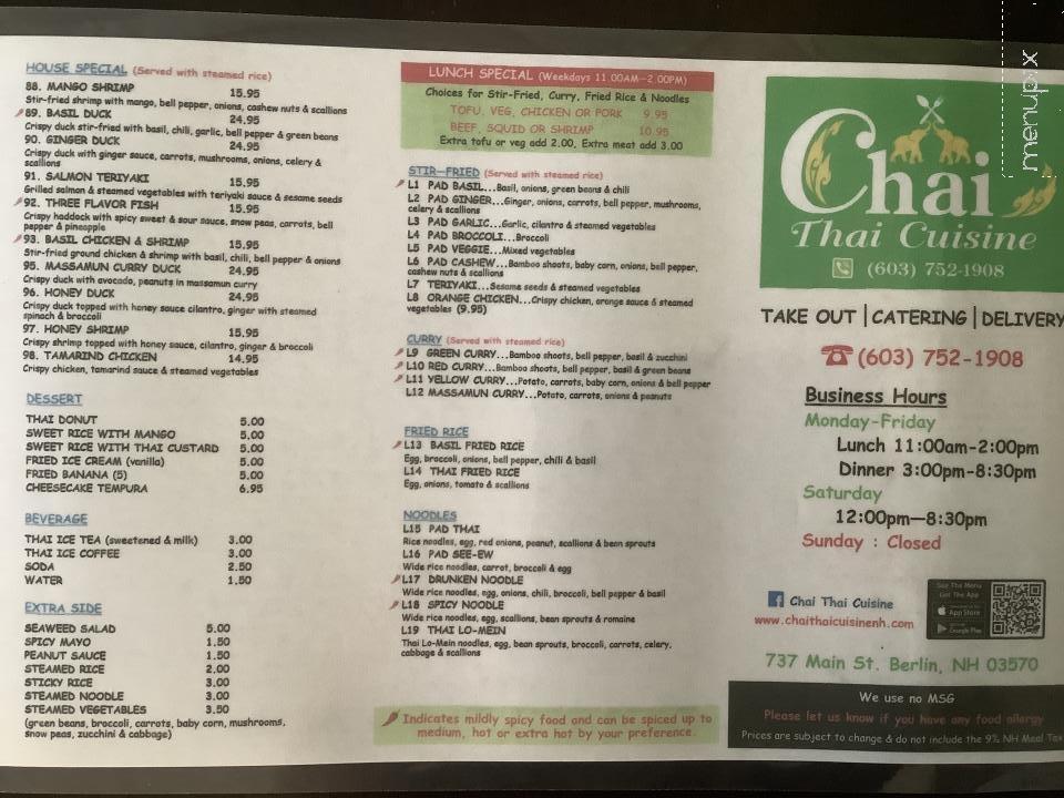 Chai Thai Cuisine - Berlin, NH menu_pic