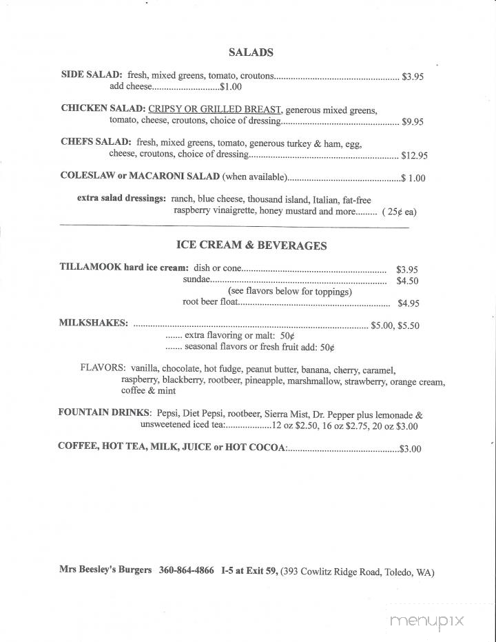 Mrs Beesley's Burgers - Toledo, WA menu_pic