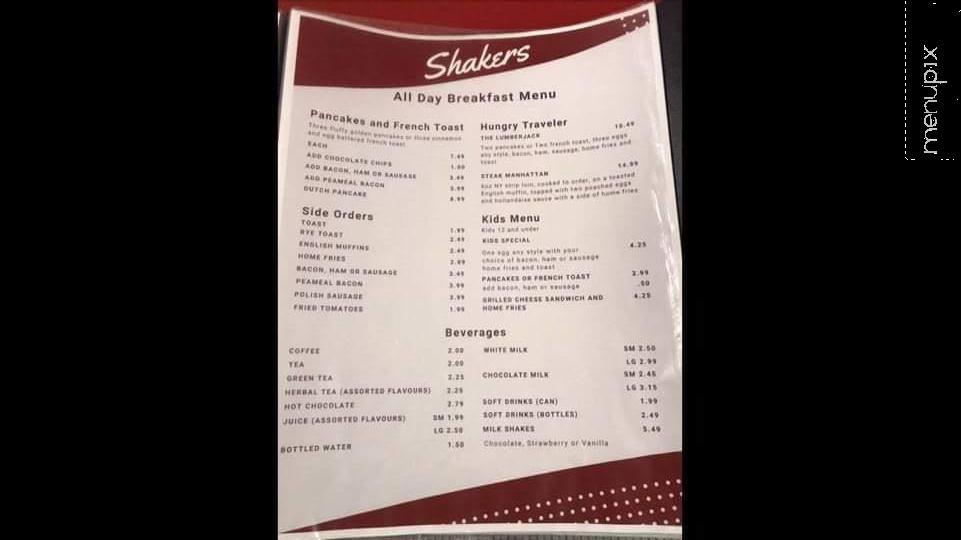 Shakers Family Restaurant - Plattsville, ON menu_pic