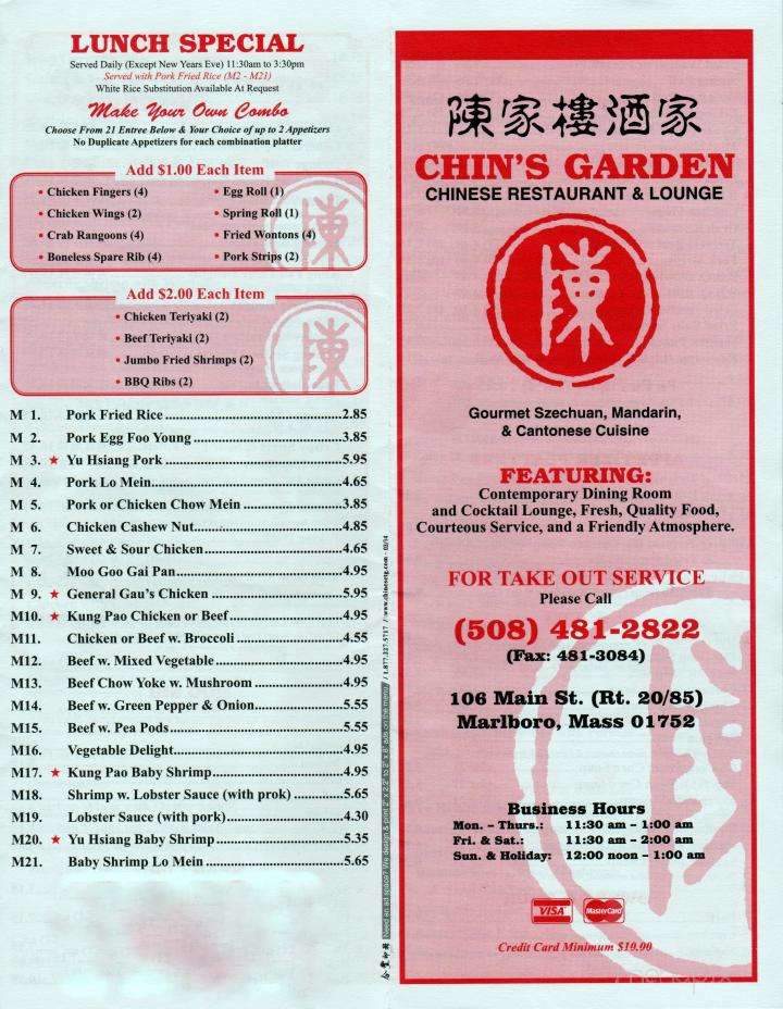 Chin's Garden Restaurant - Marlborough, MA menu_pic