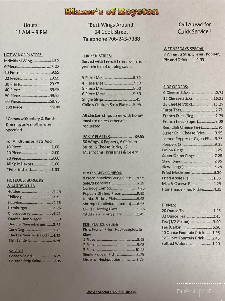 Blazers Of Royston - Royston, GA menu_pic