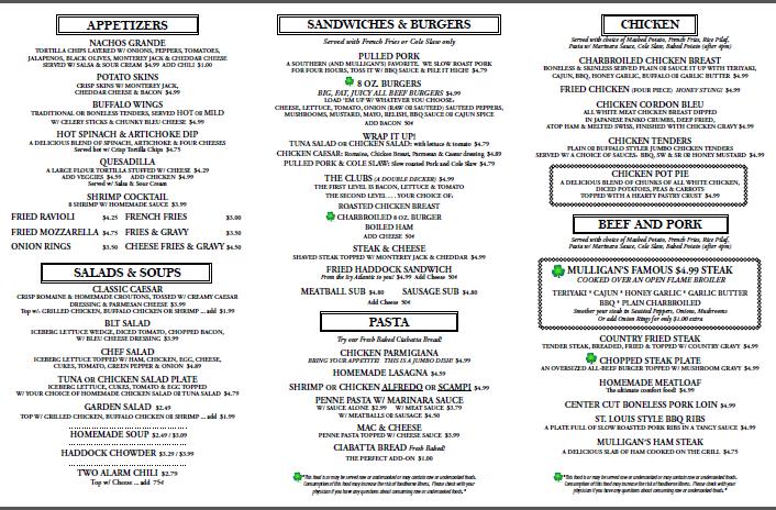 Menu of Mulligan's At Mill Side Live in Biddeford, ME 04005