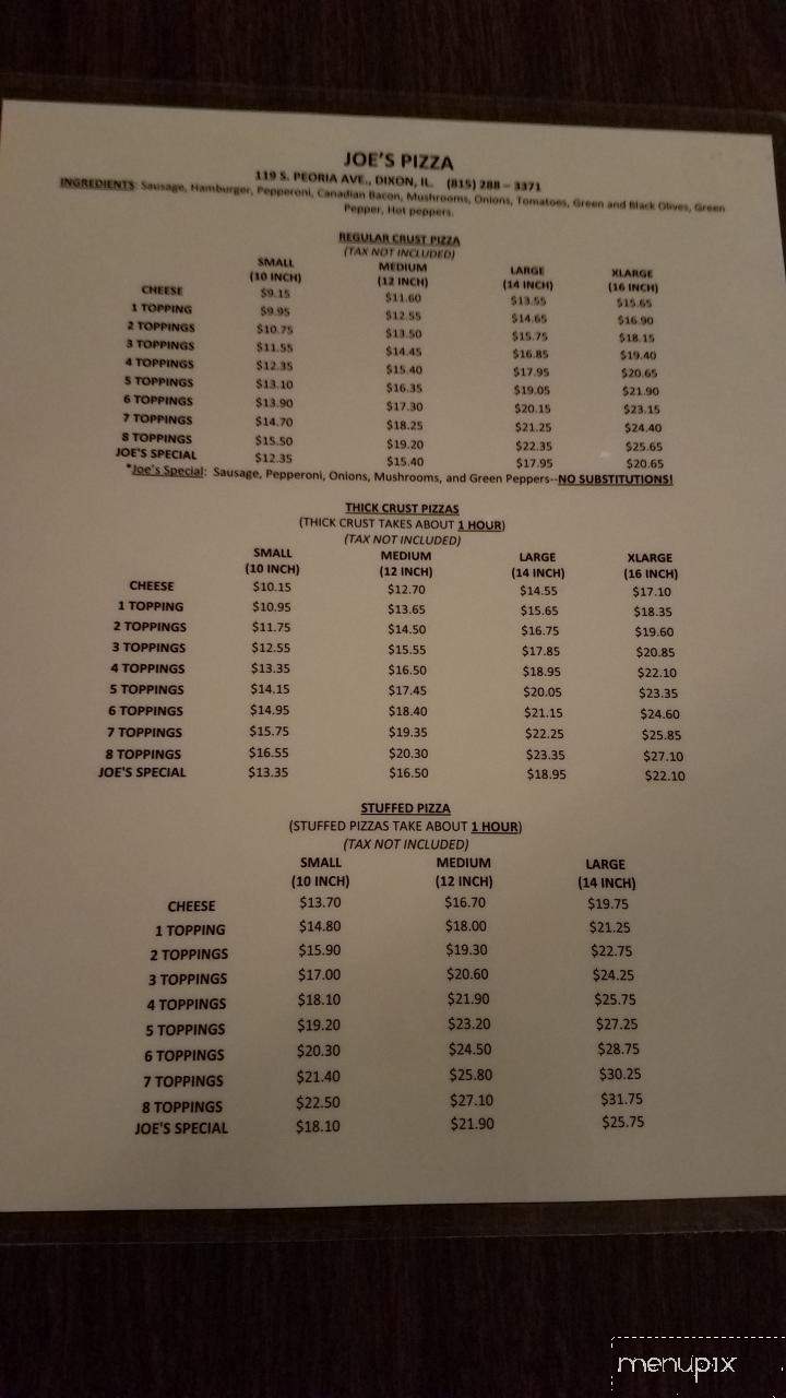 Joe's Pizzeria - Dixon, IL menu_pic