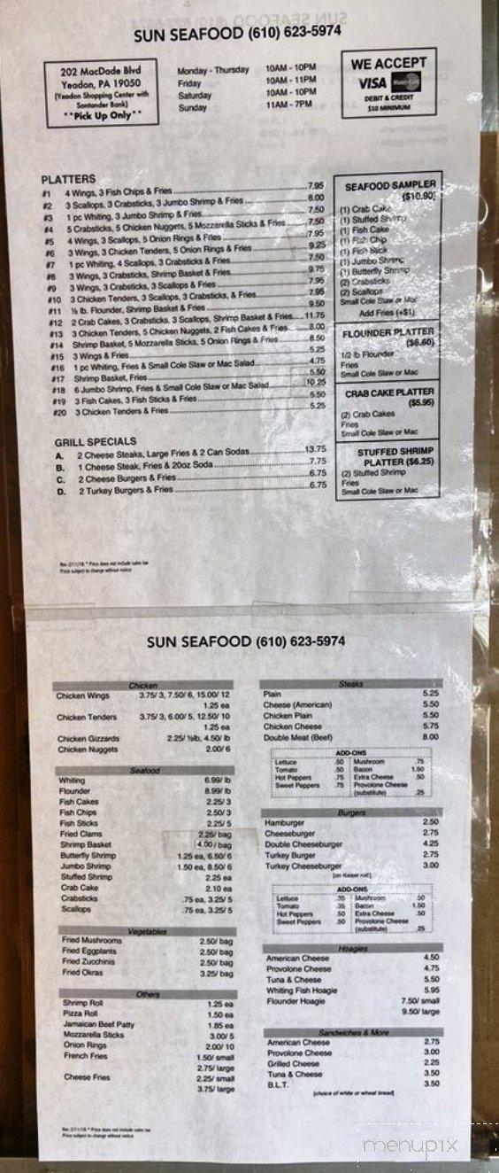 Sun Seafood - Yeadon, PA menu_pic
