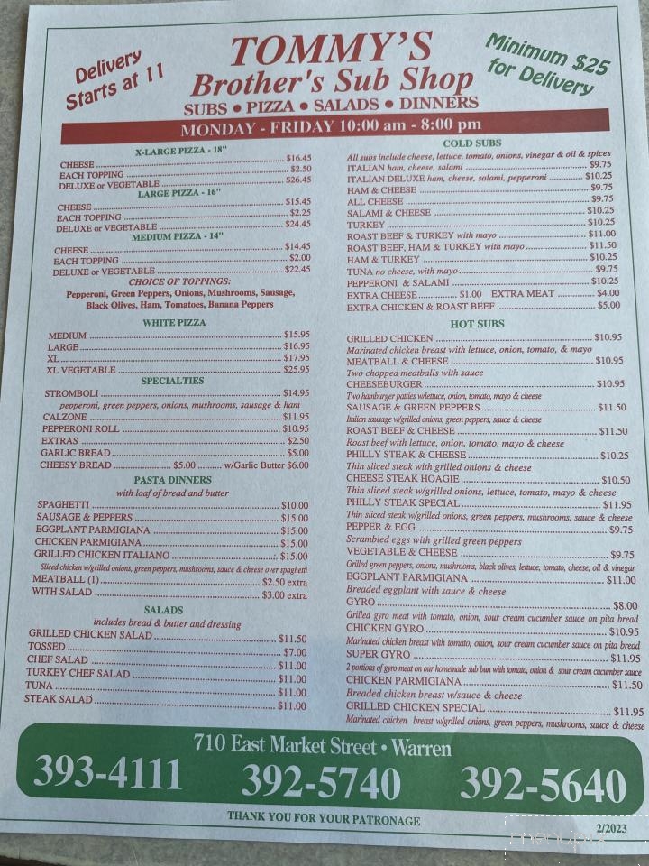 Tommy's Brother's Sub Shop - Warren, OH menu_pic