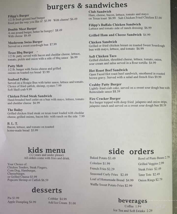 Filipp's Cafe - Danbury, TX menu_pic