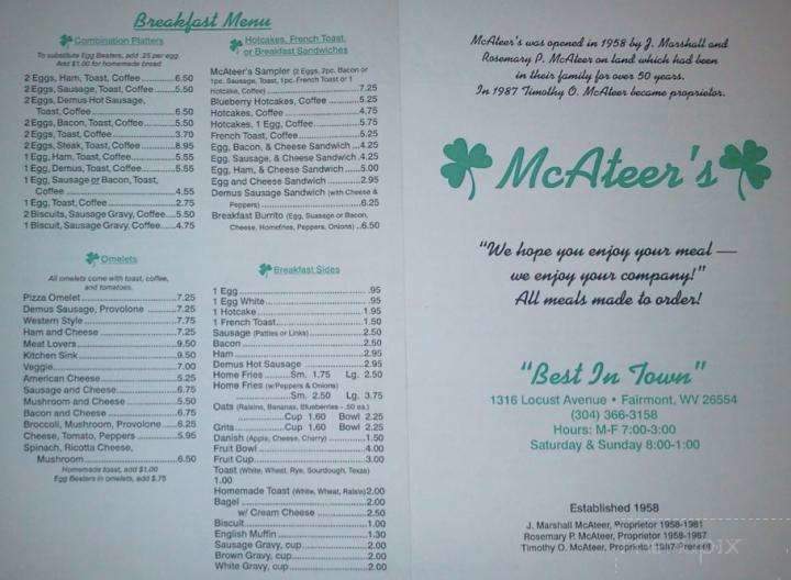 McAteers - Fairmont, WV menu_pic