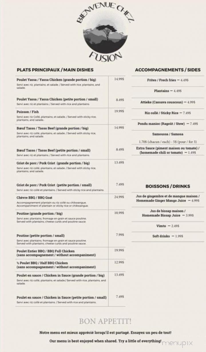 Bienvenue Chez Fusion - Montreal, QC menu_pic