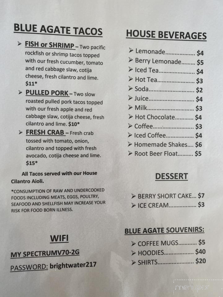 Blue Agate Cafe - Oceanside, OR menu_pic