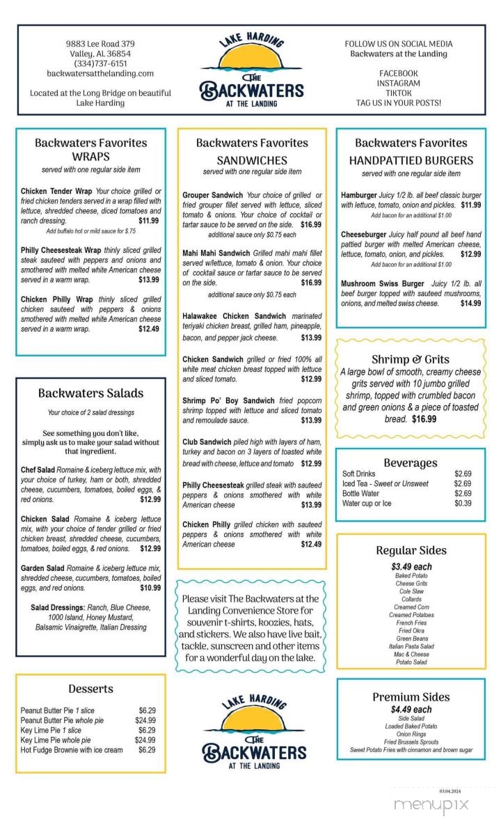 The Backwaters At the Landing - Valley, AL menu_pic