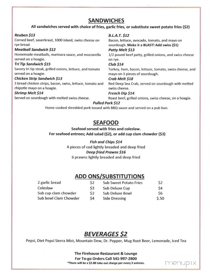 Firehouse Restaurant - Florence, OR menu_pic