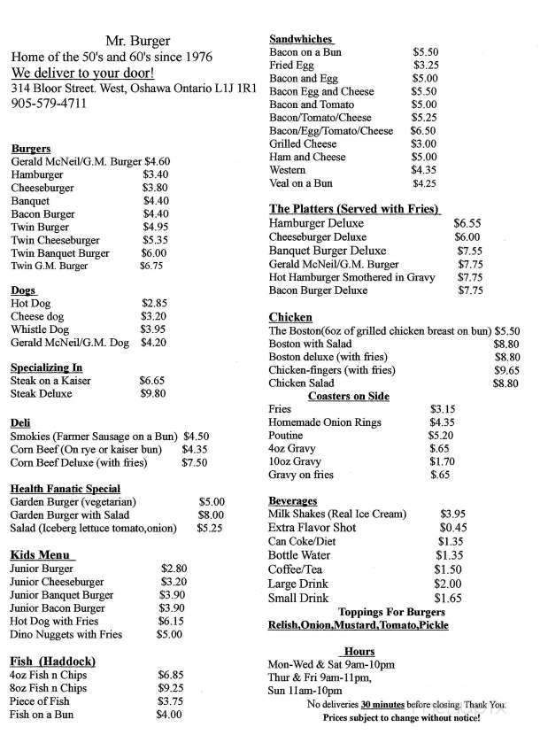 Mr. Burger - Oshawa, ON menu_pic