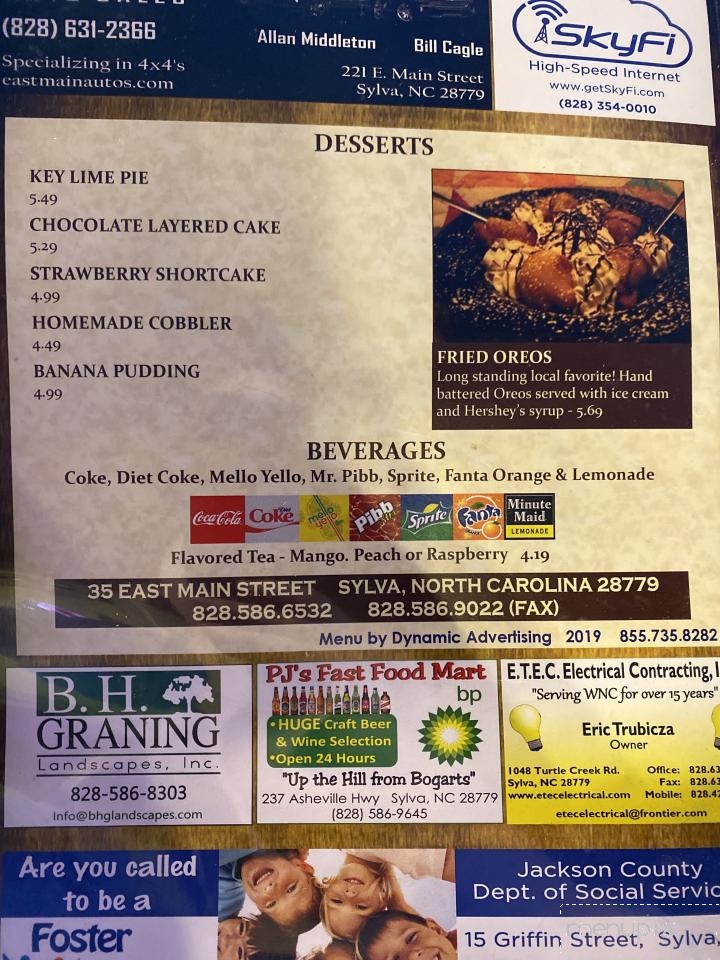 Bogart's Restaurant - Sylva, NC menu_pic