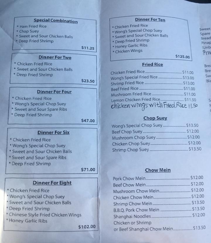 Wong's Cafe - Canora, SK menu_pic