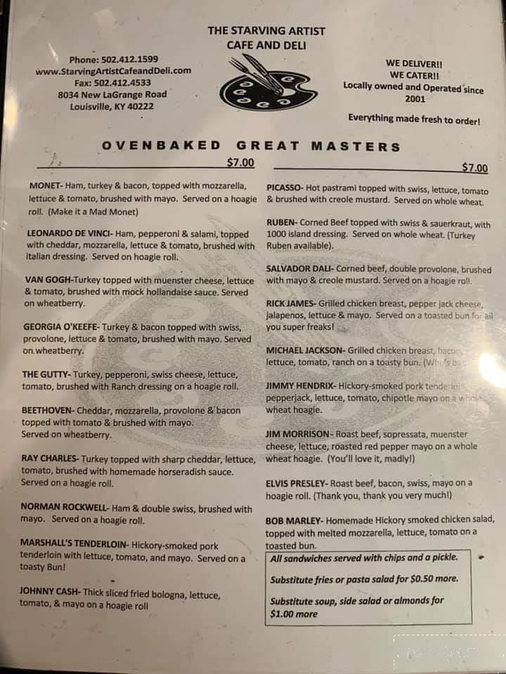 Menu Of Starving Artists Cafe Deli In Louisville KY 40222